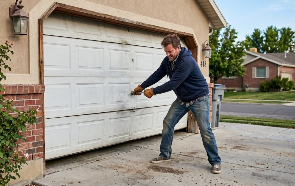 image of a homeowner struggling with a stuck garage door. He is in need of emergency garage door repair.