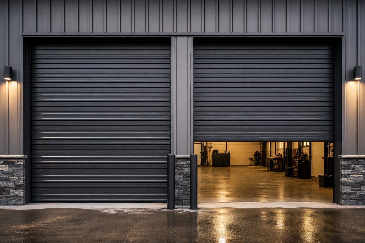 Modern insulated commercial steel garage doors installed on an industrial building with one door partially open showing a temperature-controlled workspace inside.