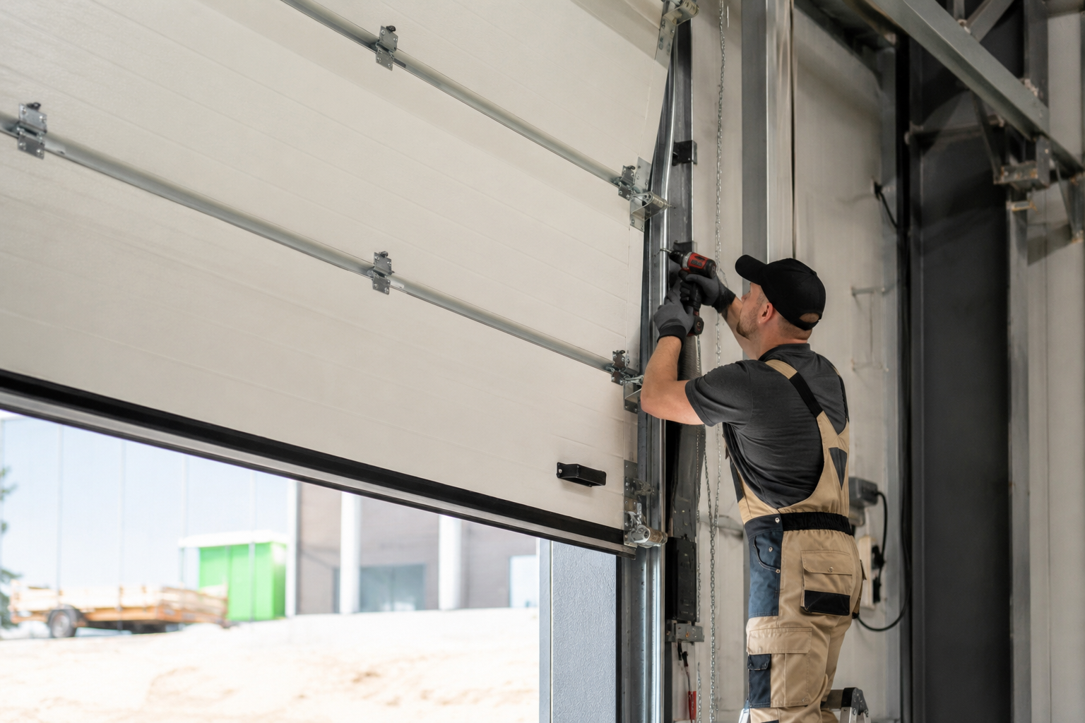 Technician performing routine maintenance on a commercial garage door inside an industrial facility in St. George