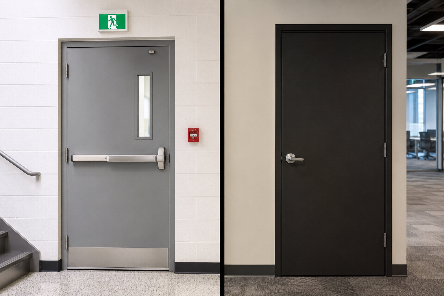 Fire-rated steel door with a panic bar beside a standard commercial office door in a modern building, illustrating the difference between fire safety doors and commercial doors