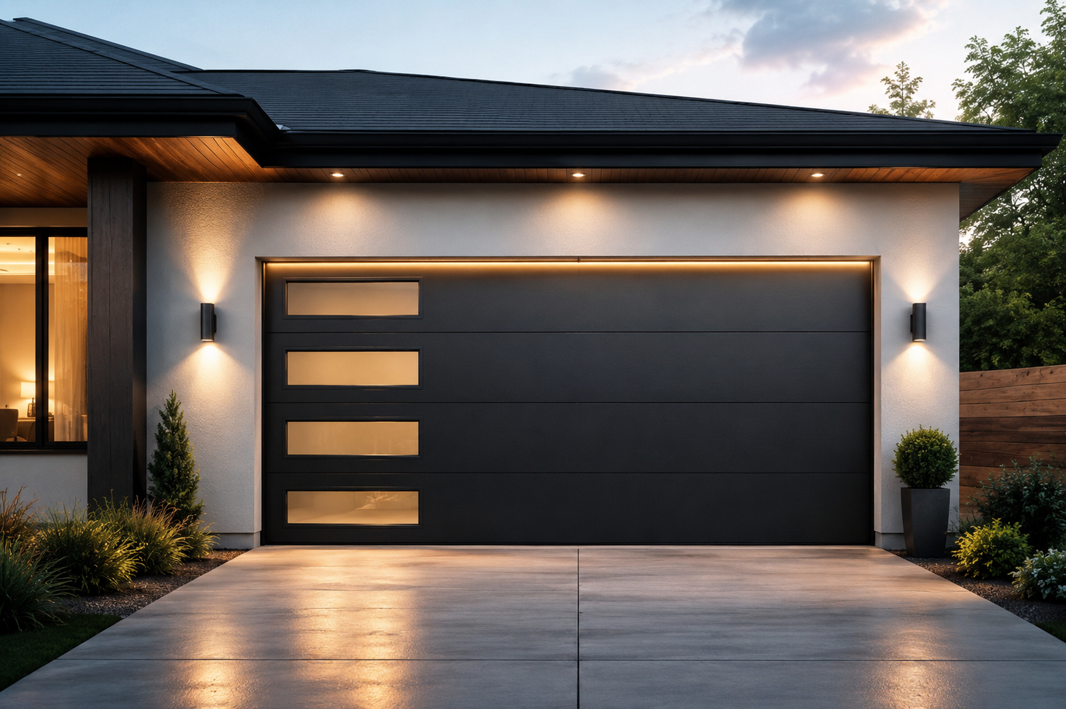 Top Benefits of Installing a Modern Residential Garage Door Modern residential home featuring a sleek black garage door with contemporary design, clean lines, and integrated windows