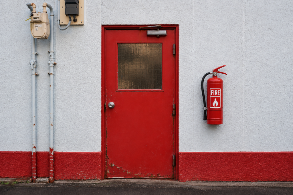 Worn red fire safety door with peeling paint, rust, and a wall-mounted fire extinguisher, highlighting the need for professional fire door maintenance