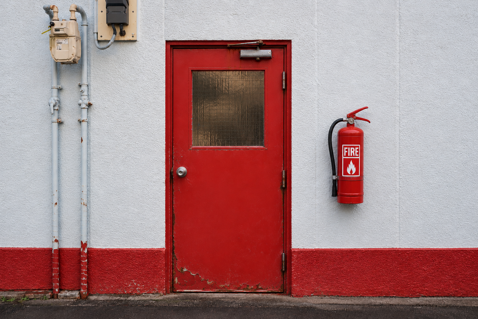 Top Signs Your Fire Safety Doors Need Professional Service Worn red fire safety door with peeling paint, rust, and a wall-mounted fire extinguisher, highlighting the need for professional fire door maintenance