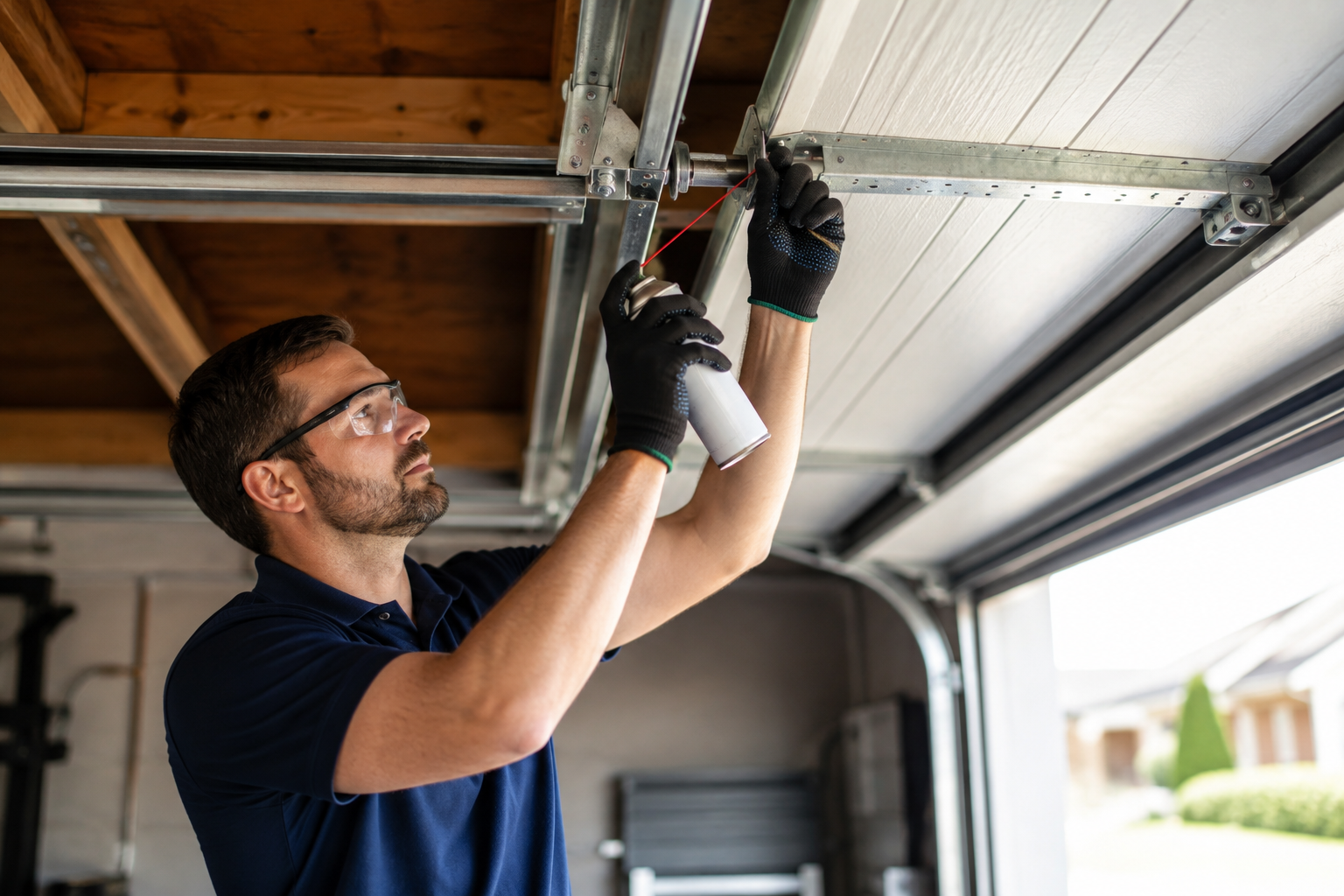 Technician lubricating a garage door track to fix a squeaky garage door
