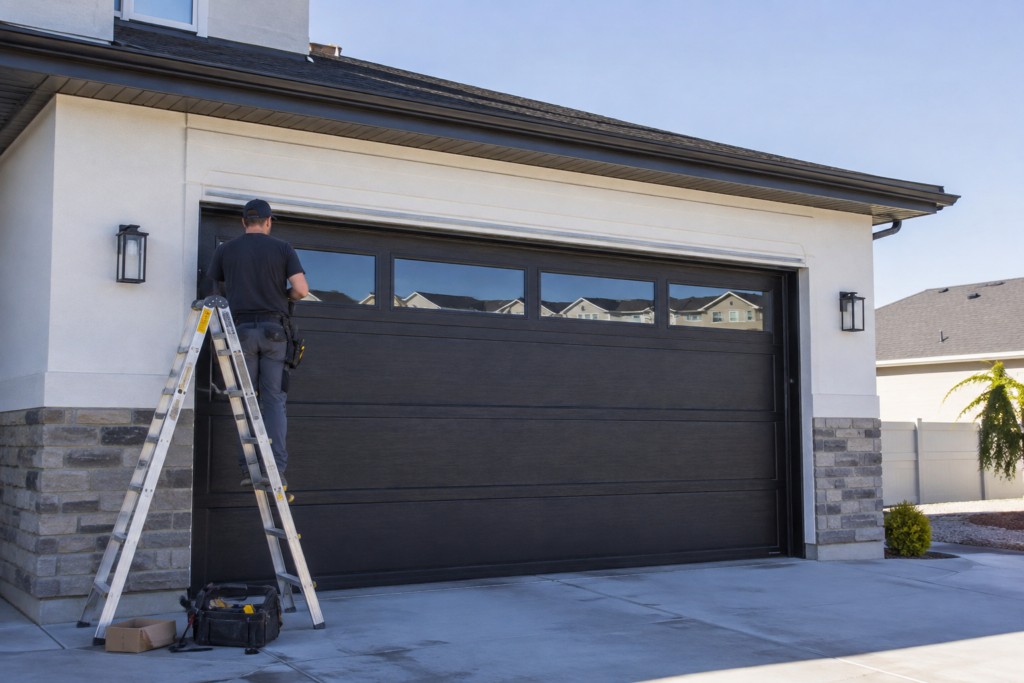 Garage Door Replacement Utah Modern black garage door being inspected during a replacement project in Utah